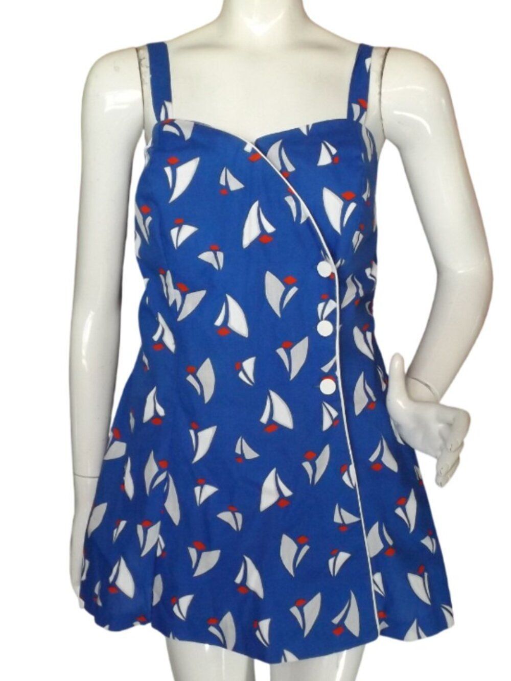 VINTAGE Swimsuit, S/M, Dress/Boyleg, Zipper front, Abstract Sailboats,Lined Cups